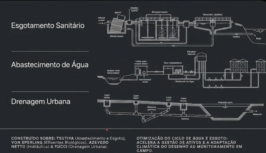 Esquema técnico de ciclo de água e esgoto